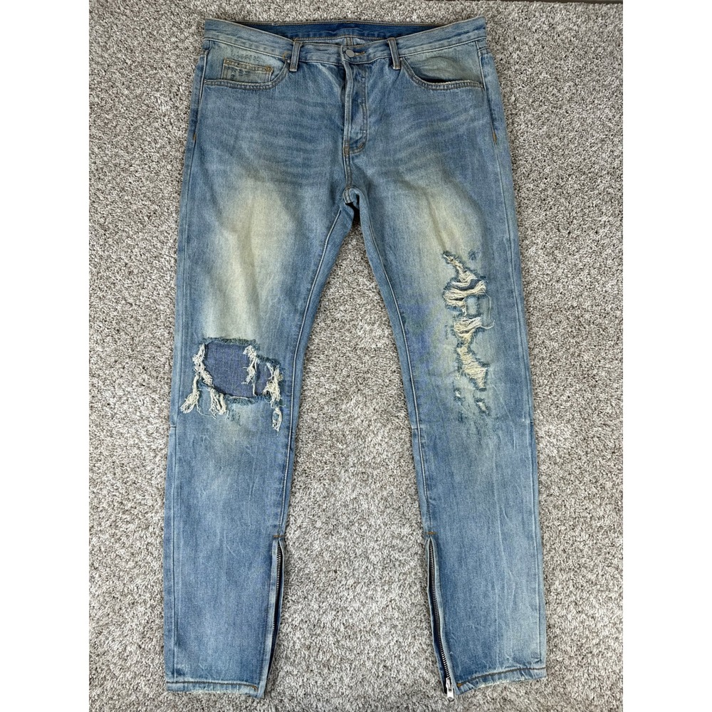 mnml  Jeans Mens 38 Light Blue Distressed Slim Ankle Zip Shredded Denim‎ 38x34